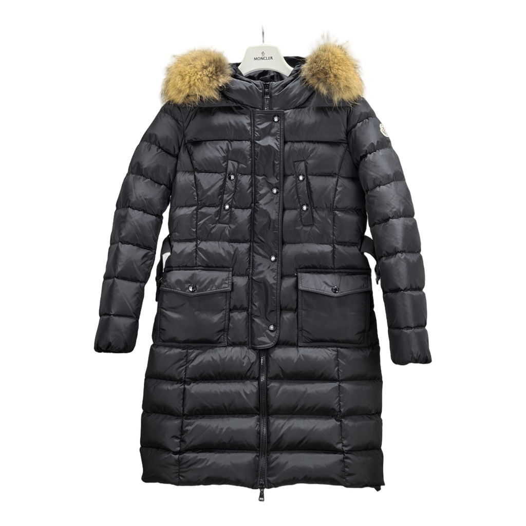 Moncler Four-Pocket Fur-Trim Hooded Long Puffer Coat | Black