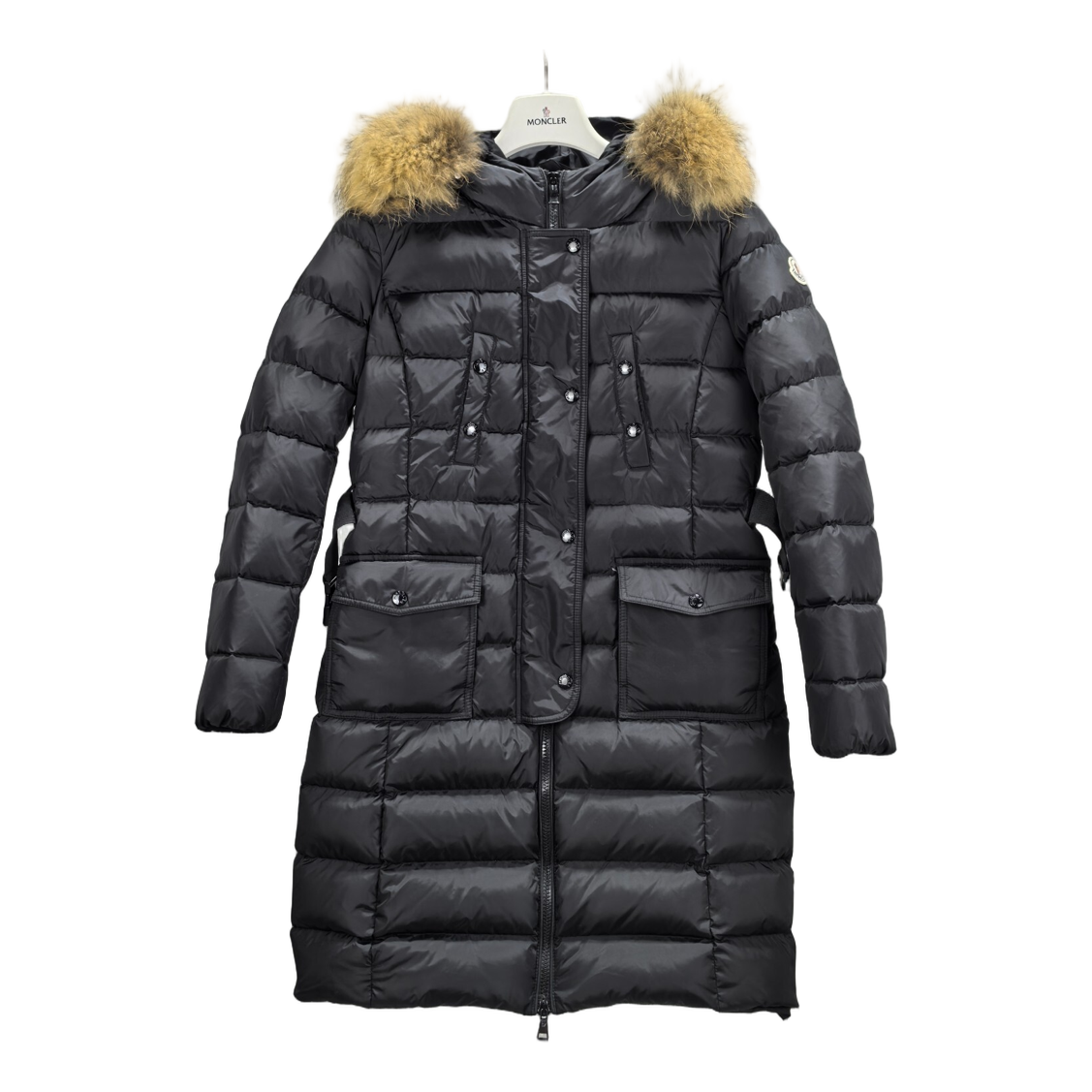 Moncler Four-Pocket Fur-Trim Hooded Long Puffer Coat | Black