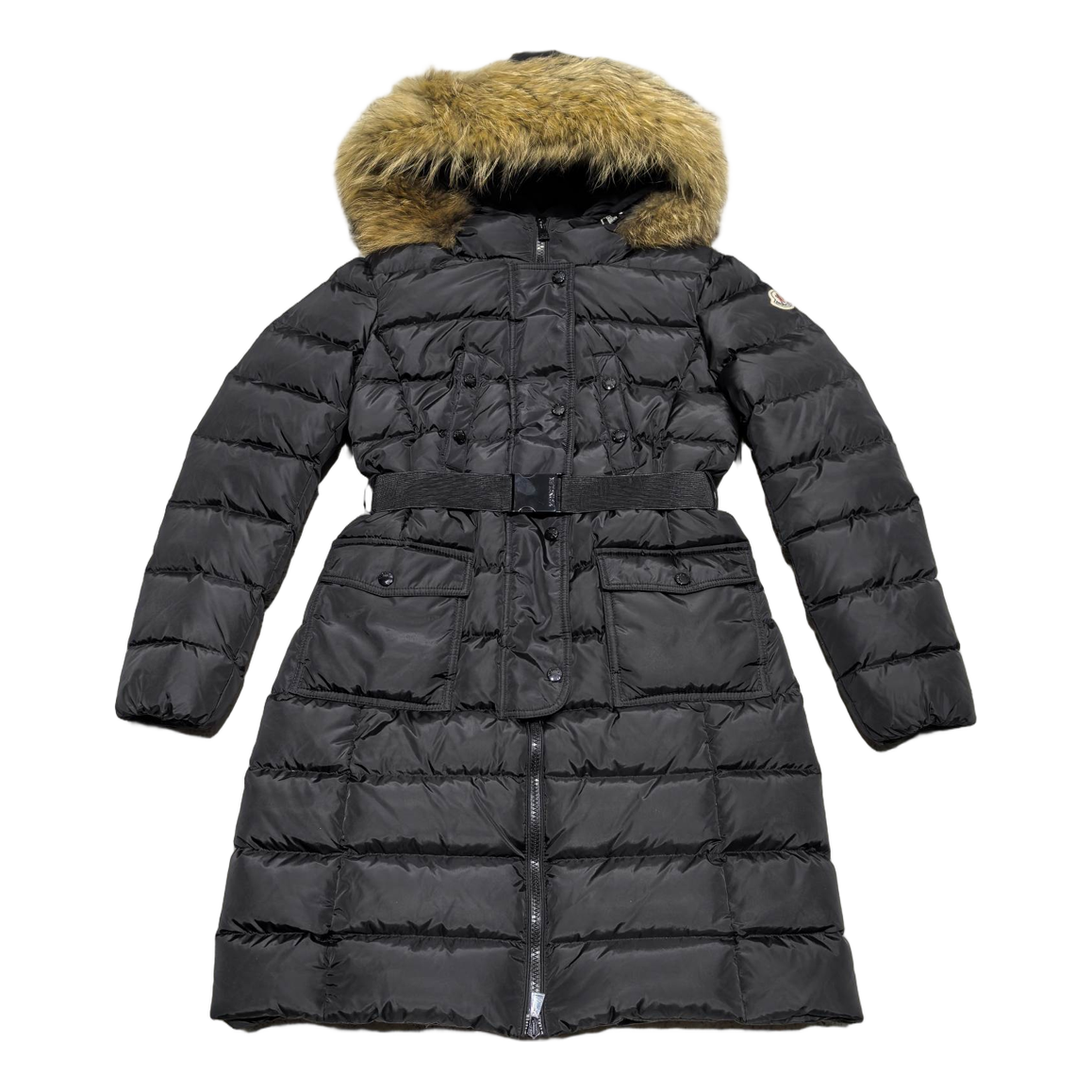 Moncler Four-Pocket Fur-Trim Hooded Long Puffer Coat | Black