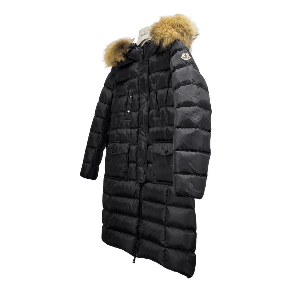 Moncler Four-Pocket Fur-Trim Hooded Long Puffer Coat | Black