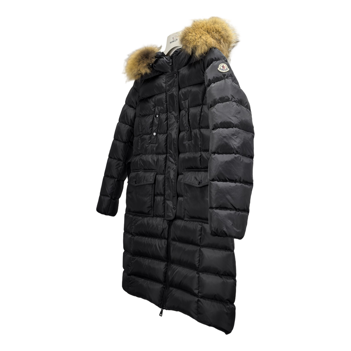 Moncler Four-Pocket Fur-Trim Hooded Long Puffer Coat | Black