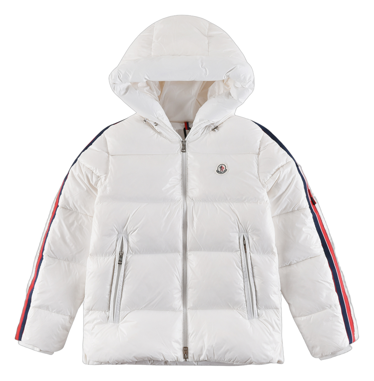 Moncler Tricolour Sleeve-Stripe Hooded Puffer Jacket | White