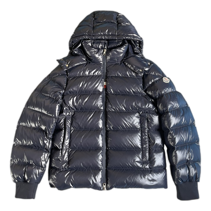 Moncler Glossy Logo-Zip Hooded Puffer Jacket | Navy