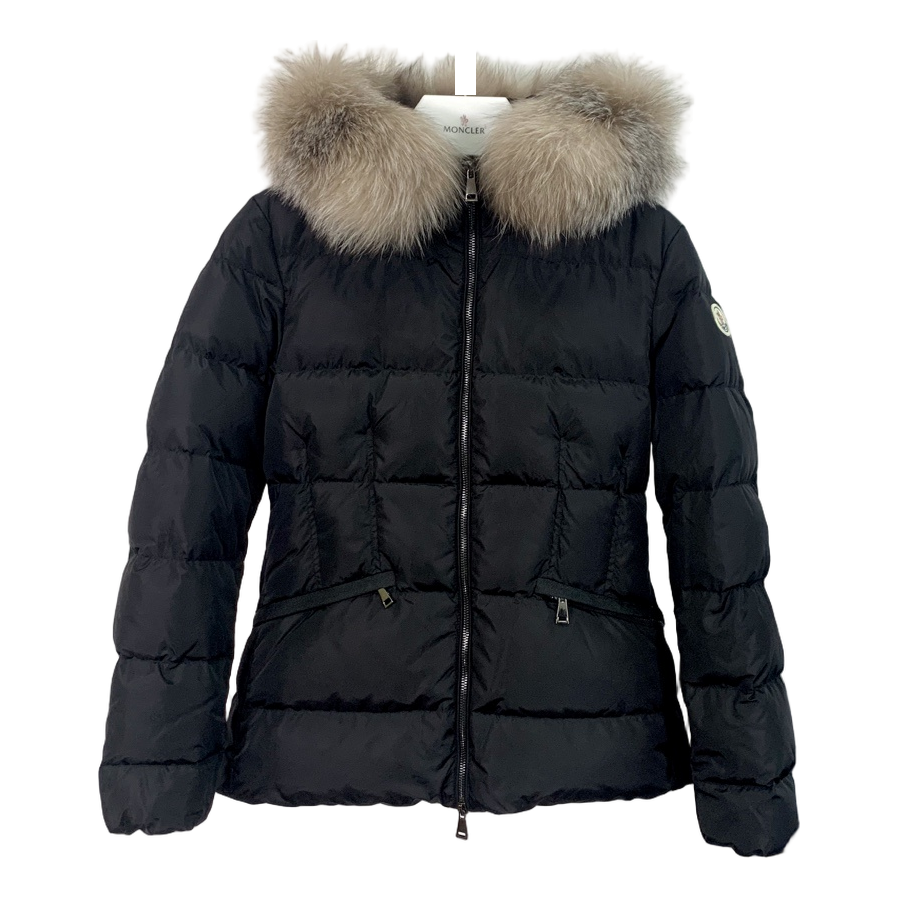 Moncler Cinched-Waist Fur-Trim Hooded Puffer Jacket | Black