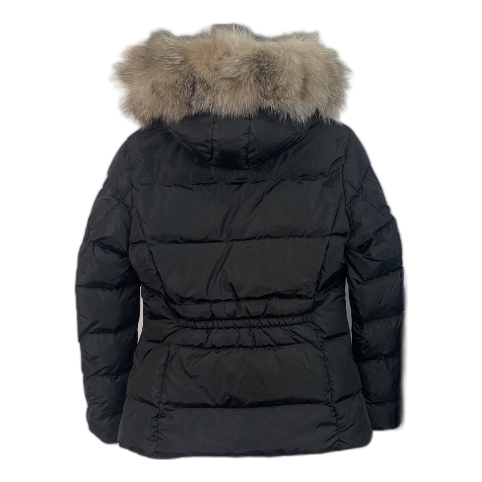 Moncler Cinched-Waist Fur-Trim Hooded Puffer Jacket | Black