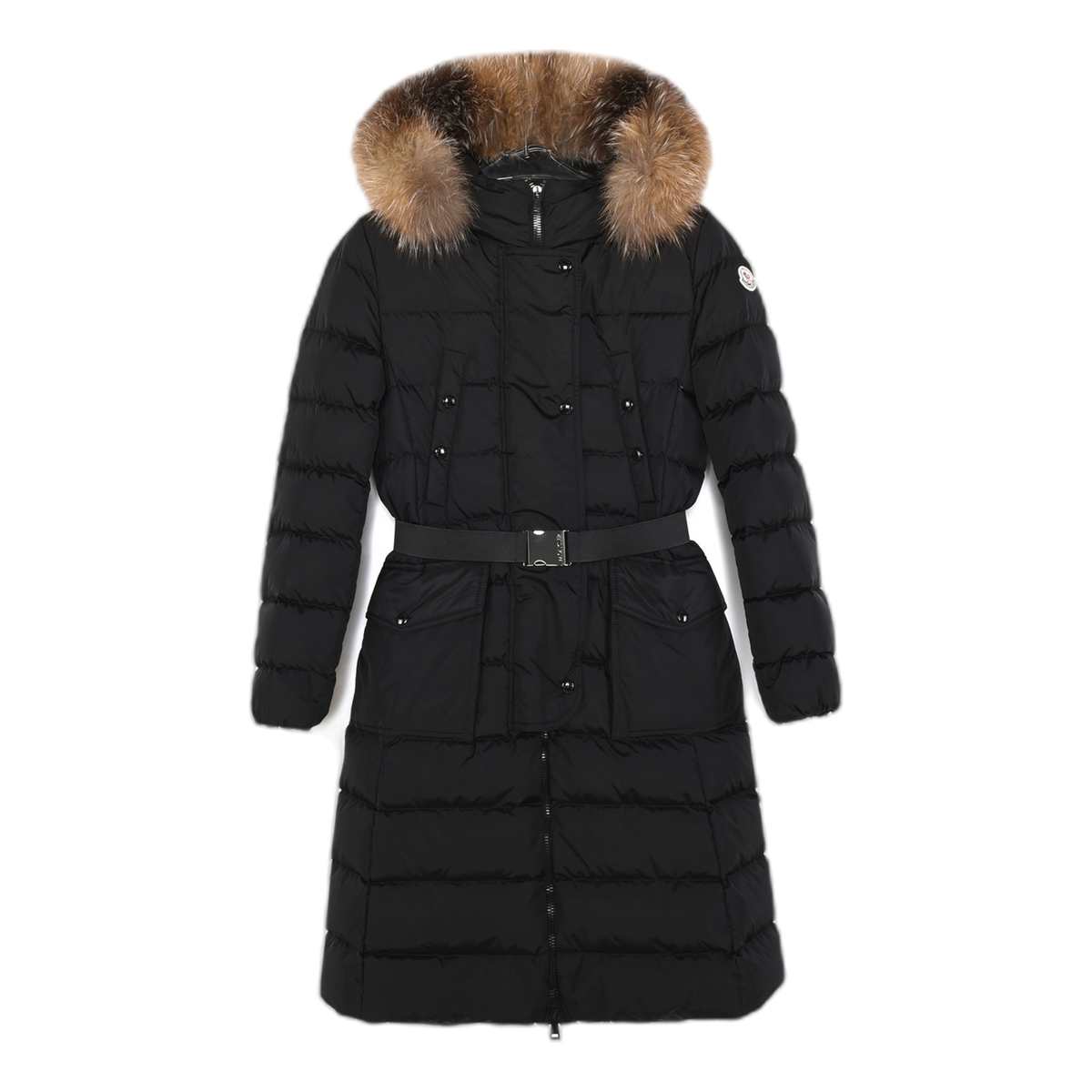 Moncler Khloe Belted Fur-Trim Hooded Long Coat | Black