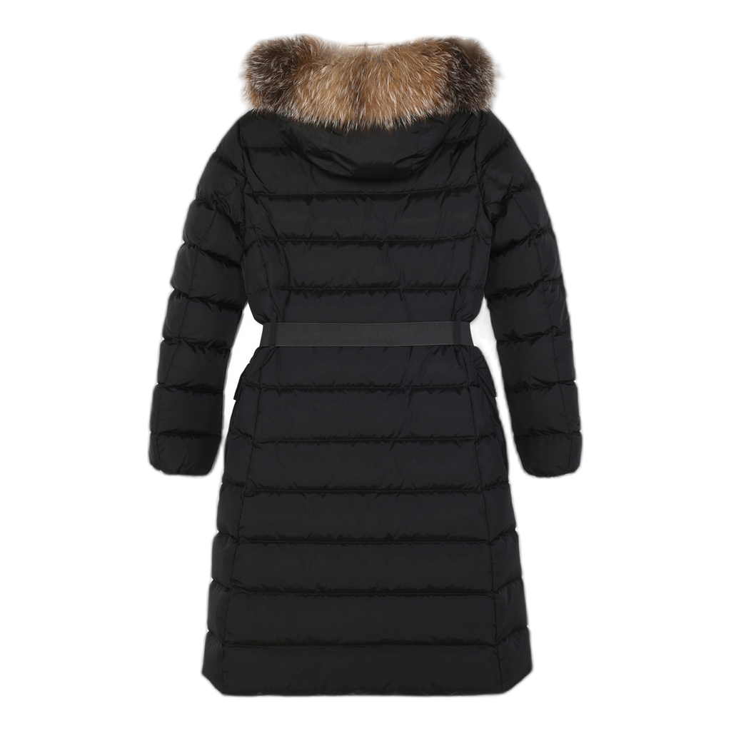 Moncler Khloe Belted Fur-Trim Hooded Long Coat | Black