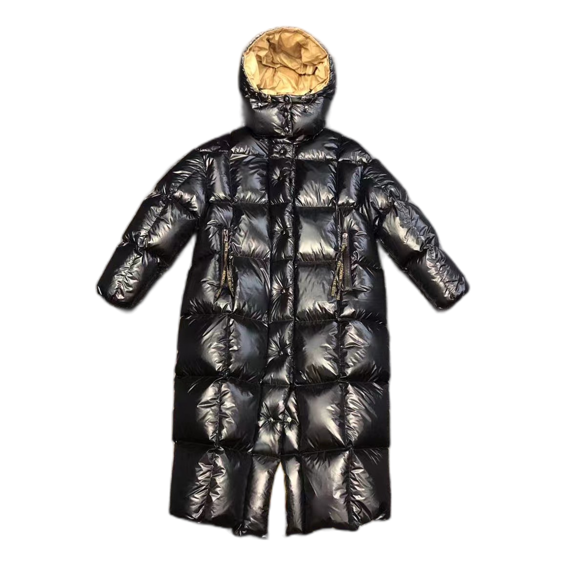 Moncler Gold-Lined Glossy Long Puffer Coat | Black
