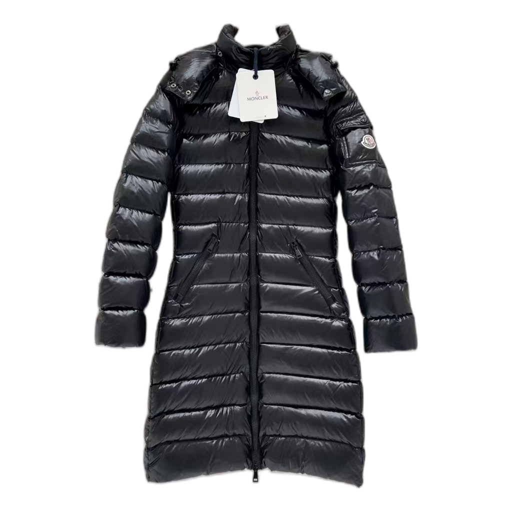 Moncler Narrow-Quilt Fur-Trim Hooded Long Puffer Coat | Black