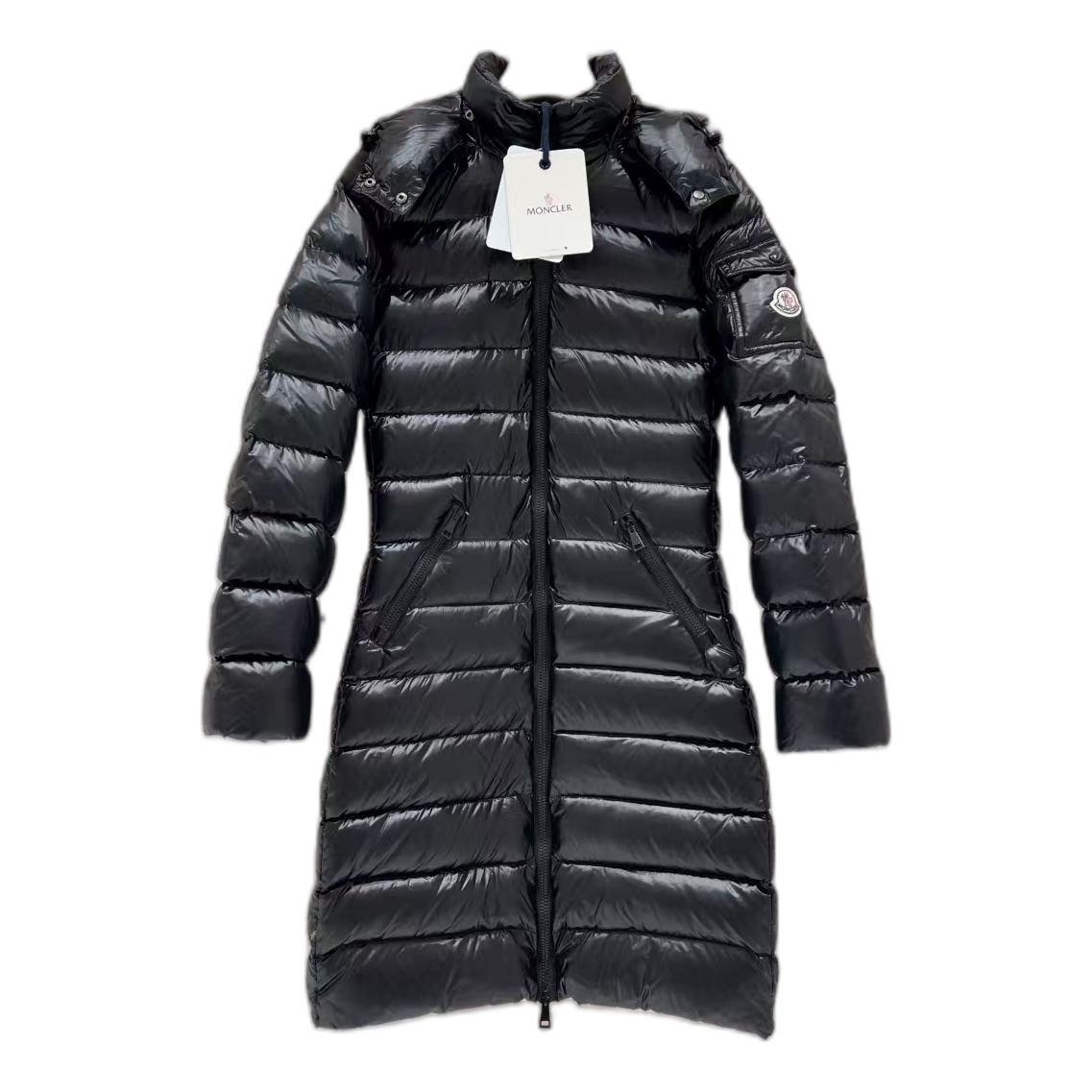Moncler Narrow-Quilt Fur-Trim Hooded Long Puffer Coat | Black