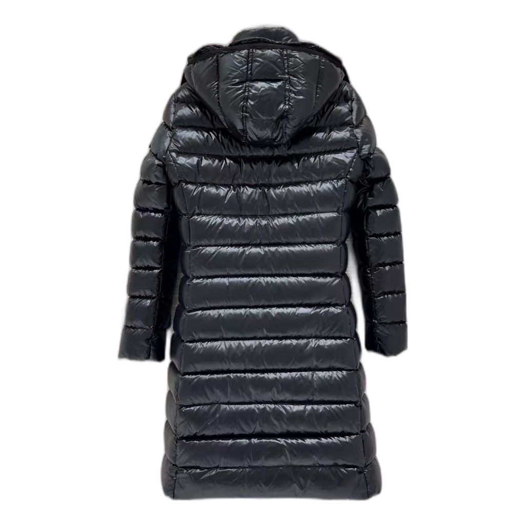 Moncler Narrow-Quilt Fur-Trim Hooded Long Puffer Coat | Black