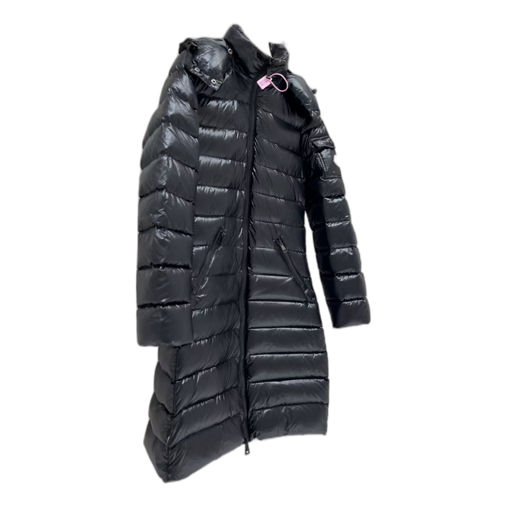 Moncler Narrow-Quilt Fur-Trim Hooded Long Puffer Coat | Black