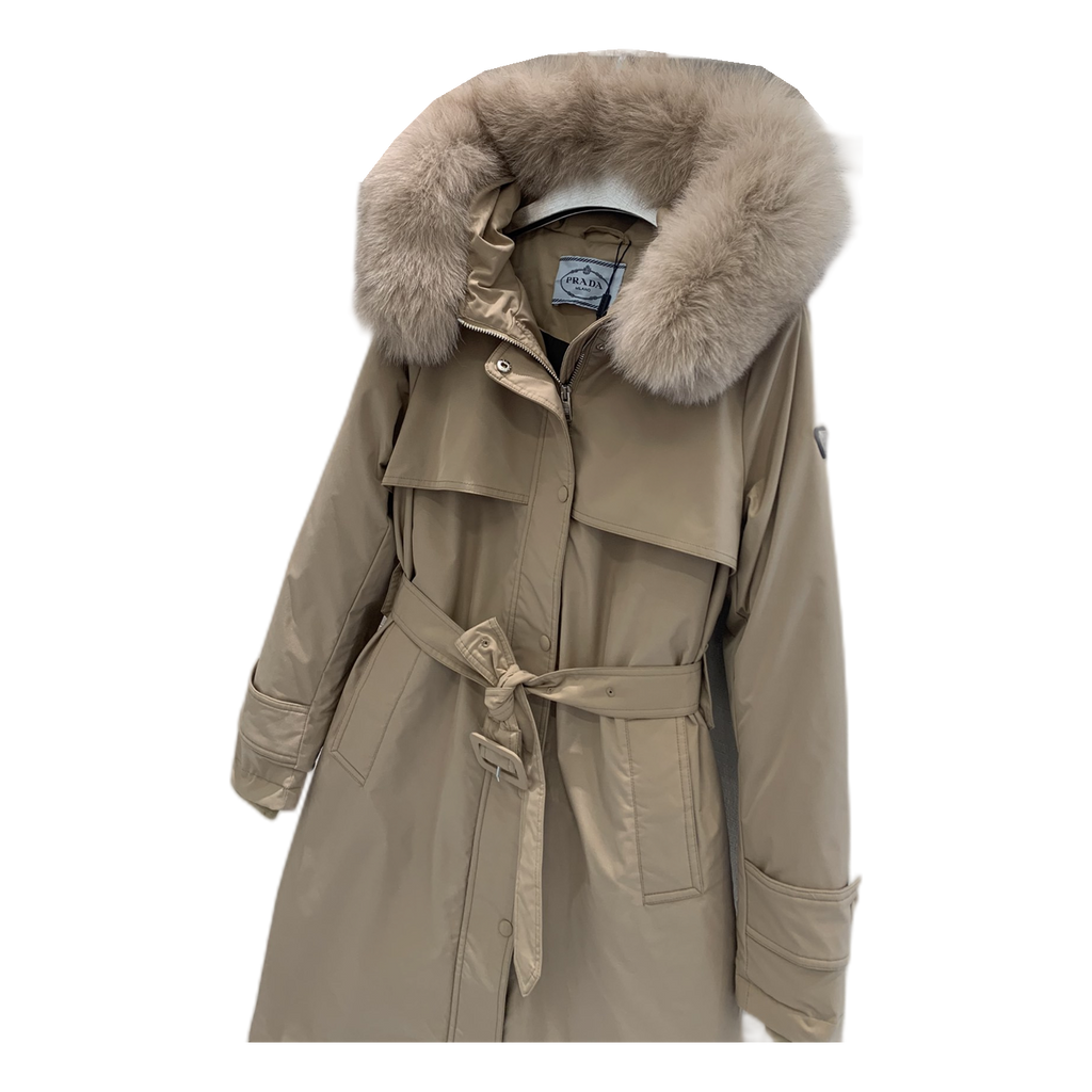 Prada Belted Fur-Trim Hooded Coat | Beige