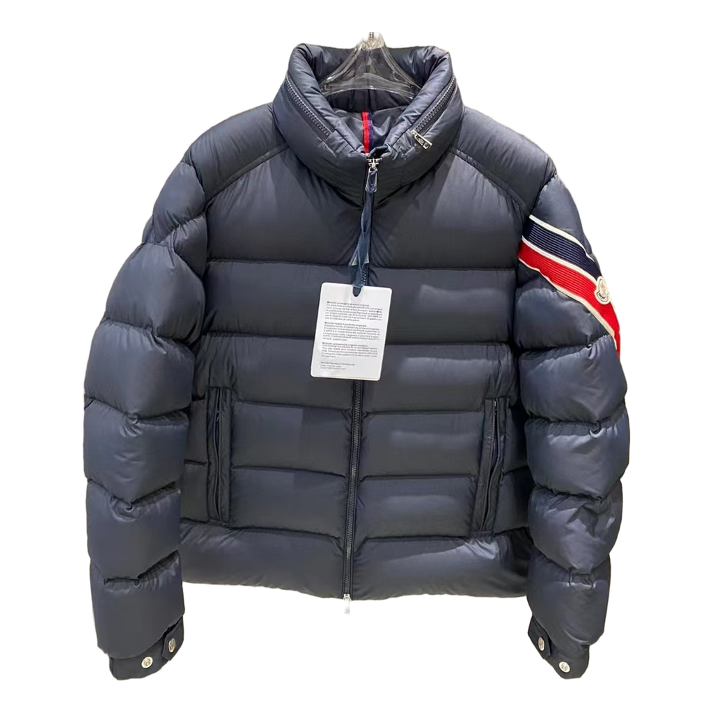 Moncler Tricolour Sleeve-Band Stand-Collar Puffer Jacket | Navy