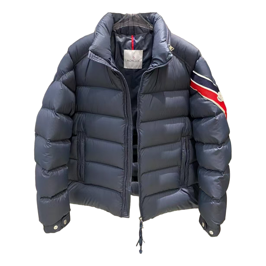 Moncler Tricolour Sleeve-Band Stand-Collar Puffer Jacket | Navy