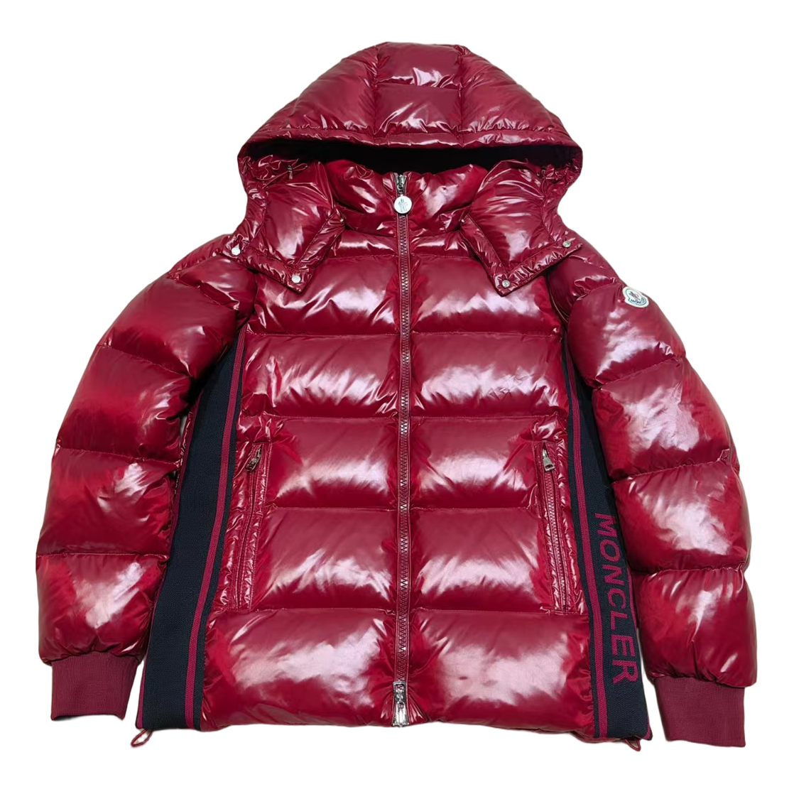 Moncler Logo-Zip Glossy Hooded Puffer Jacket | Red
