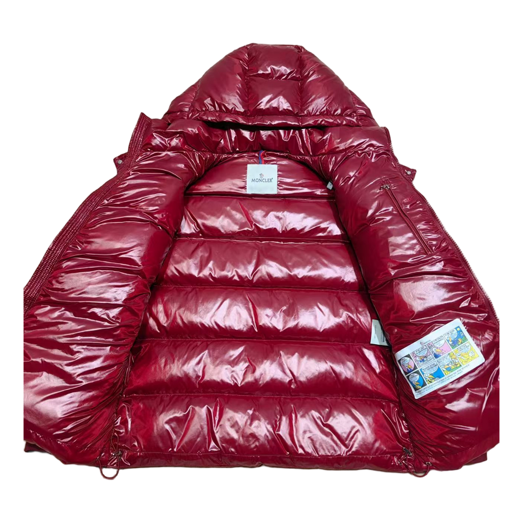 Moncler Logo-Zip Glossy Hooded Puffer Jacket | Red