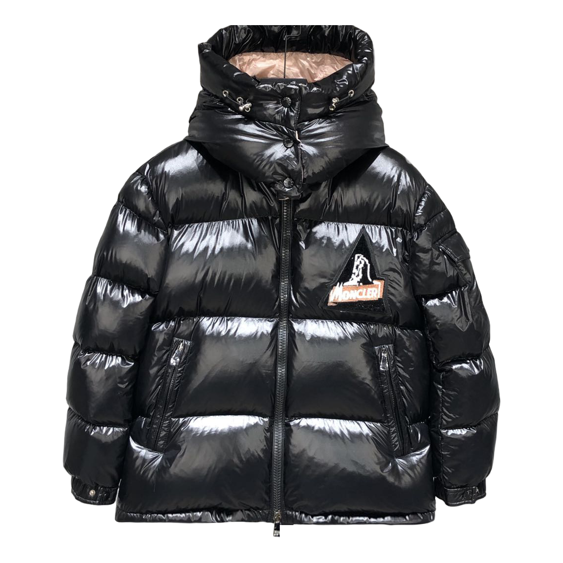 Moncler Mountain-Badge Glossy Short Puffer Jacket | Black