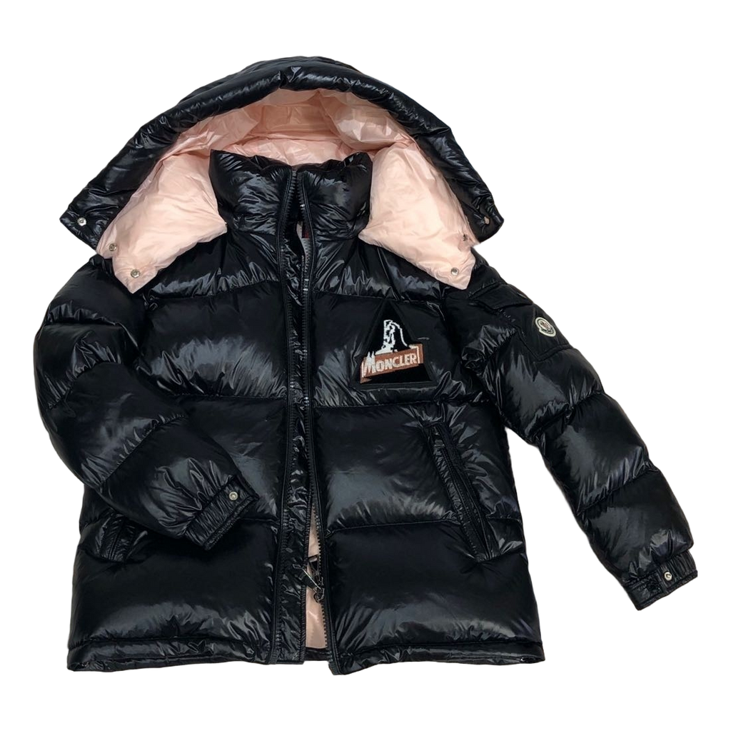 Moncler Mountain-Badge Glossy Short Puffer Jacket | Black