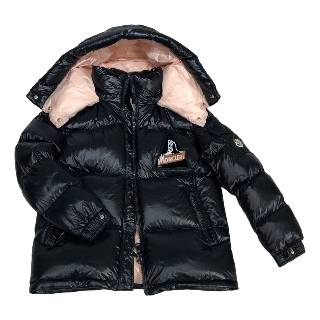 Moncler Mountain-Badge Glossy Short Puffer Jacket | Black