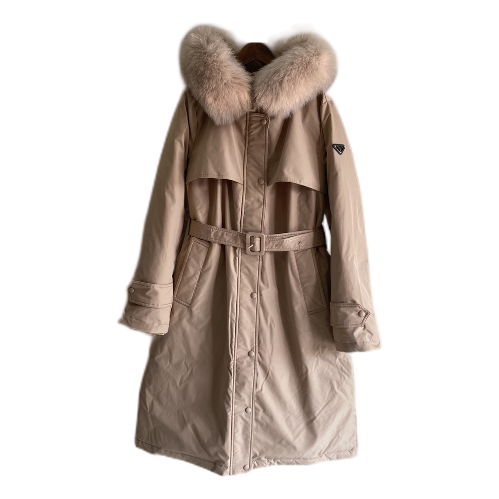 Prada Belted Fur-Trim Hooded Coat | Blush Beige