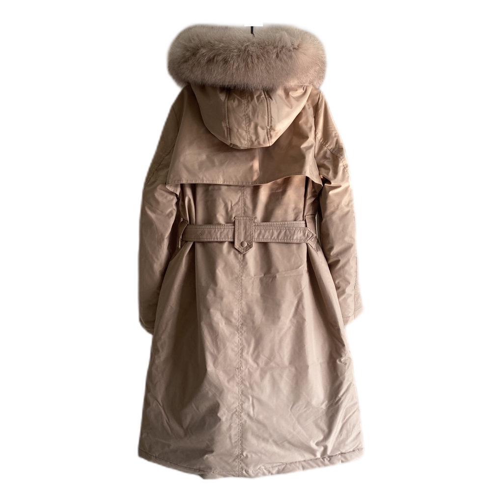 Prada Belted Fur-Trim Hooded Coat | Blush Beige